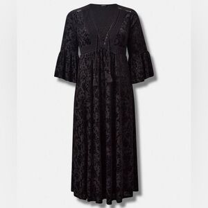 Torrid Black Maxi‎ Burnout Velvet Lace Dress Bell Sleeves Size 1 1X Flowy Party